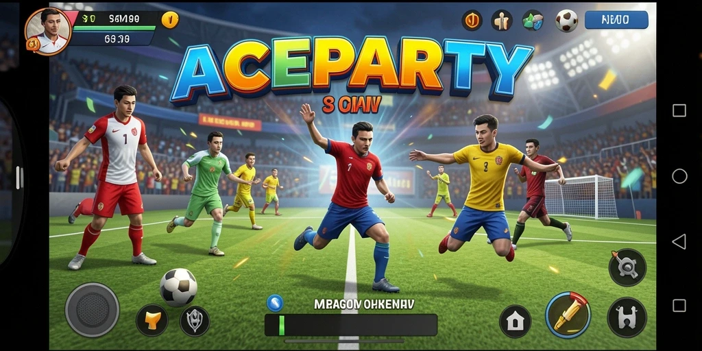 Screenshot utama ACEPARTY menunjukkan aksi seru dalam permainan olahraga.