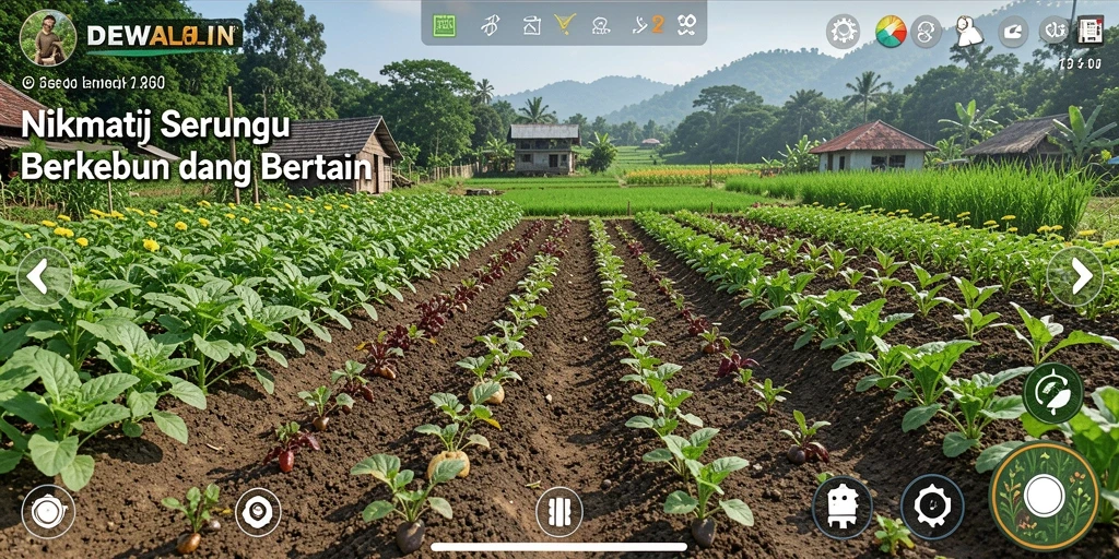 Screenshot gameplay DEWALIN dengan kebun yang subur dan penuh warna.