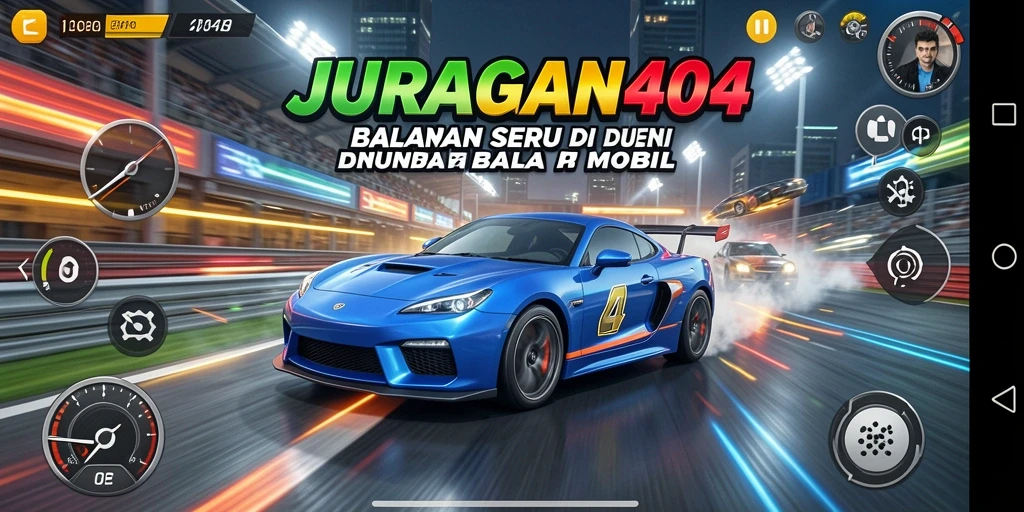 Gameplay seru dalam JURAGAN404 dengan balapan mobil yang cepat.