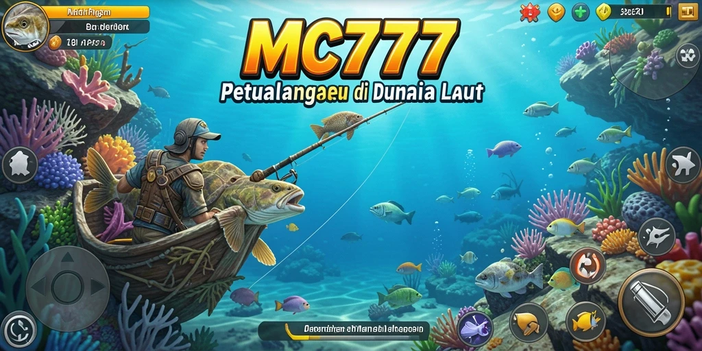 Screenshot utama MC777 menampilkan gameplay memancing yang seru dan menawan.