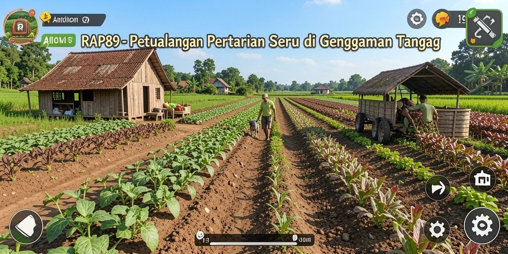 Screenshot gameplay RAP89 dengan ladang yang rimbun dan tanaman beragam.