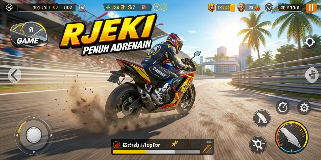 Screenshot gameplay seru dari REJEKI, menunjukkan aksi balap motor.