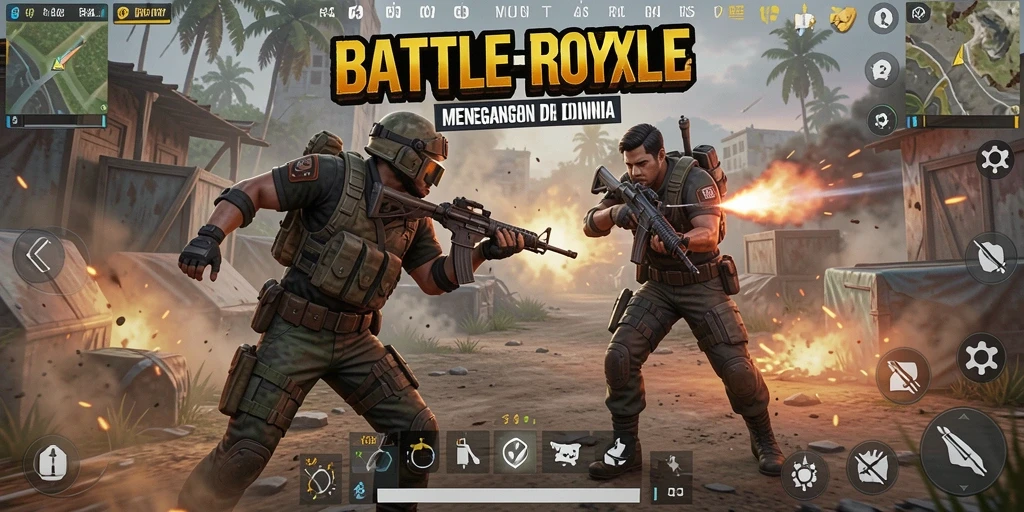 Screenshot RR44 menampilkan pertempuran epik di arena Battle Royale.